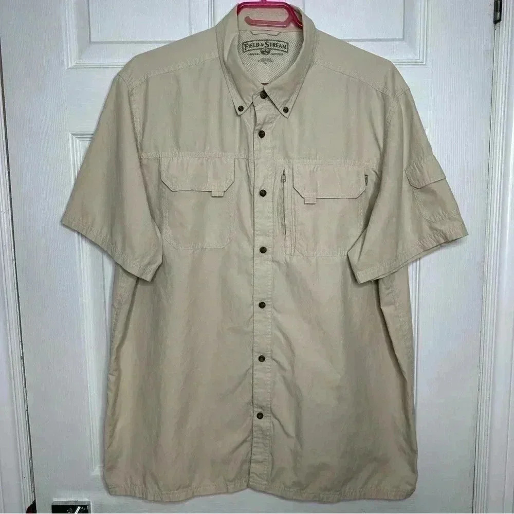 Field & Stream Button Down Fishing Shirt Short Sleeved Cream Size Extra Large